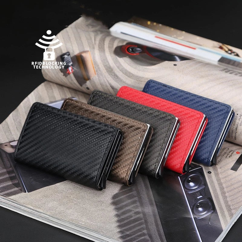 Carteira masculina com bloqueio de RFID, carteira de couro sintético de fibra de carbono com 8 compartimentos para cartão de crédito, linha moderna, fina, duas dobras para dinheiro